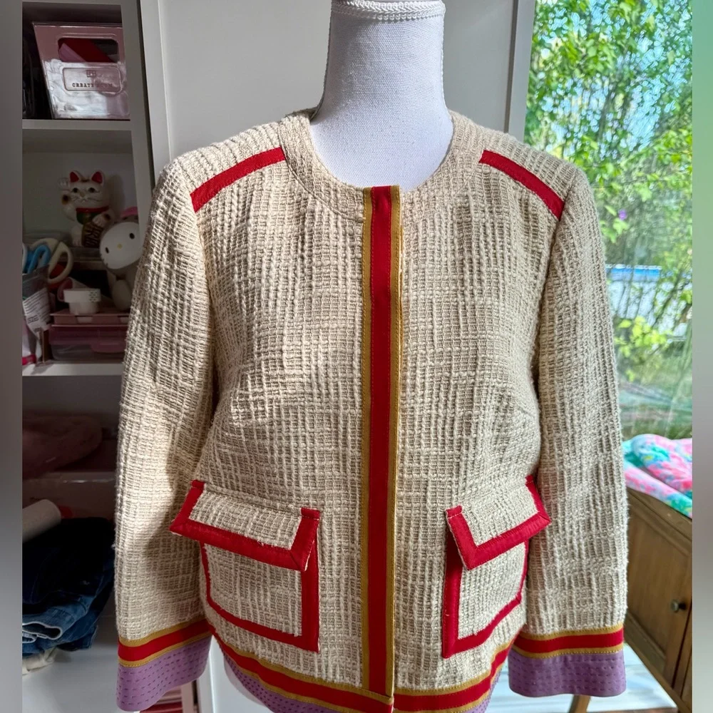 Tory Burch Cream Tweed Jacket with Red, Orange & Purple Trim